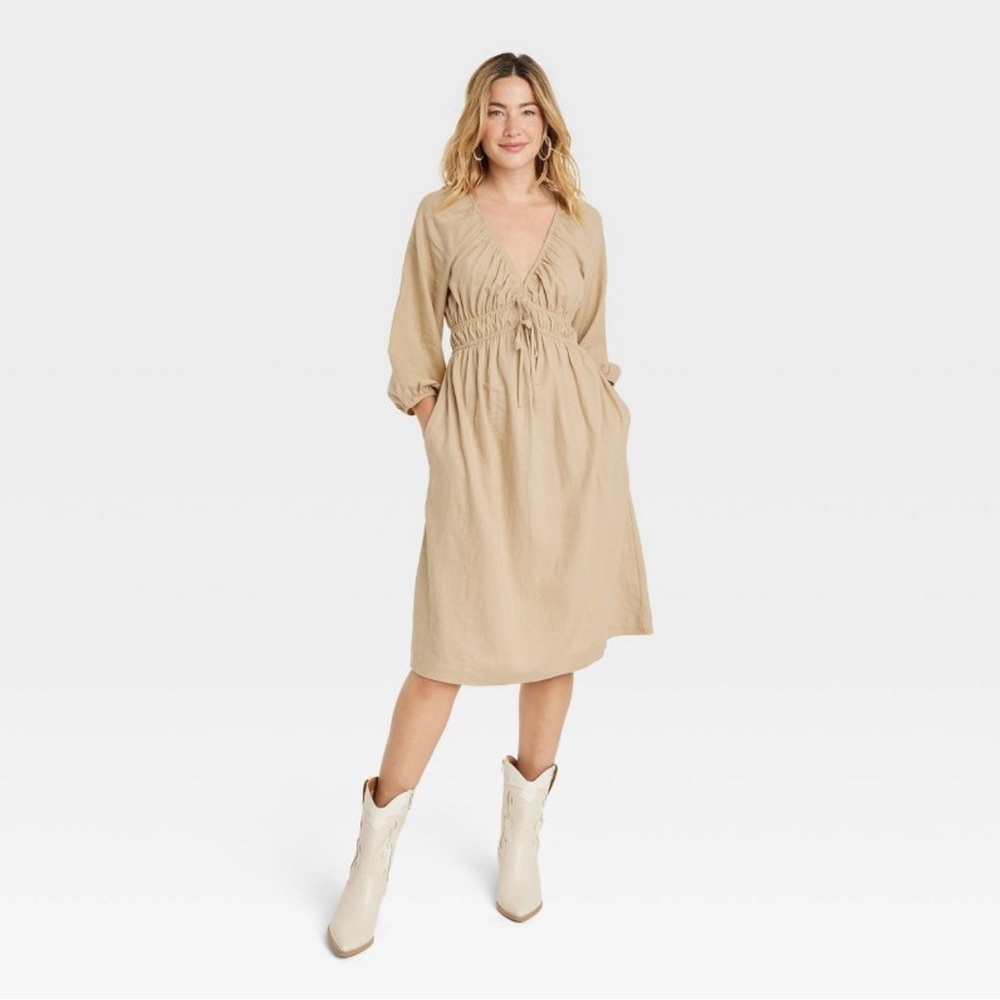 Universal Thread Tie Front Puff 3/4 Sleeve Midi Dress in Tan - S
